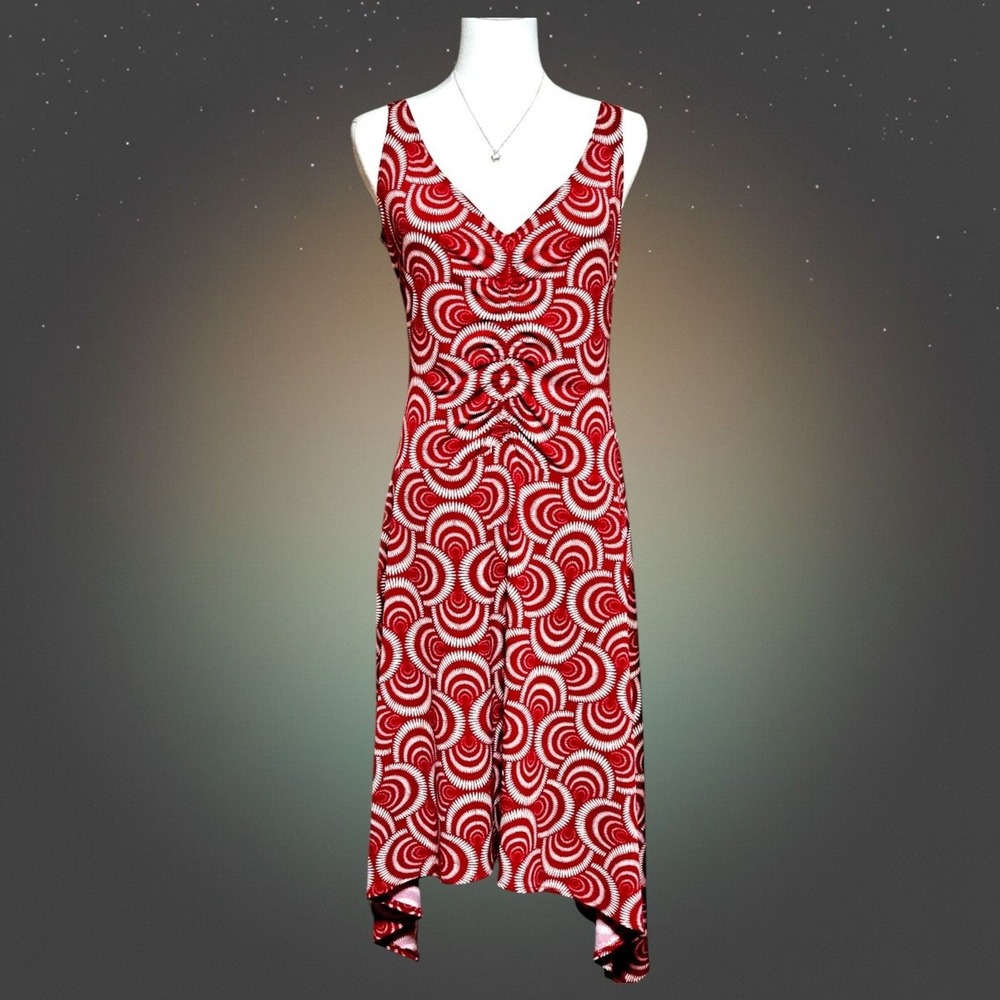 London Times Red White Geometric Print Handkerchief Hem V-Neck Midi Dress Size 6